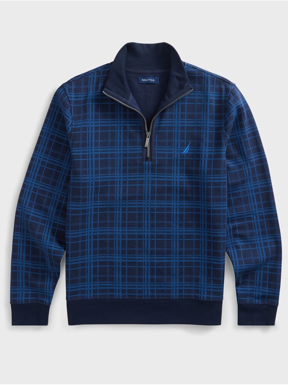 Nautica Men’s Navy and Blue Plaid Half-Zip Sweater